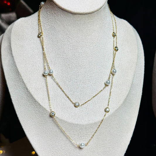 Pearl and Zirconia Long Necklace