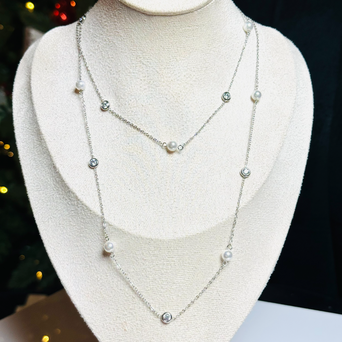Pearl and Zirconia Long Necklace