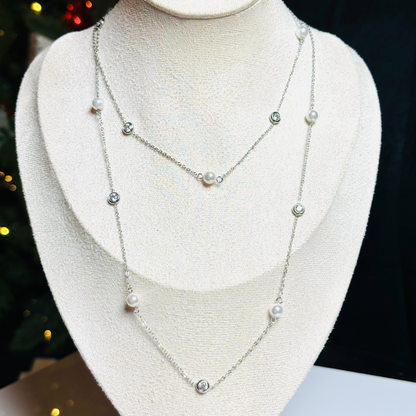 Pearl and Zirconia Long Necklace