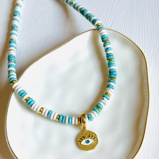 Turquoise Stones and Evil Eye Necklace