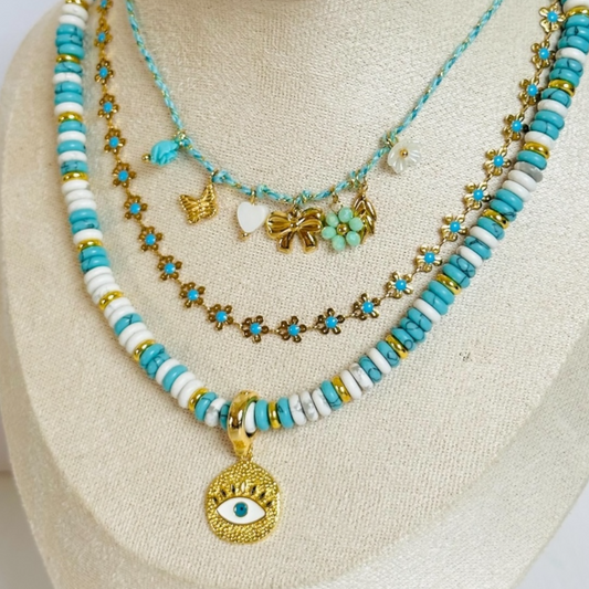Turquoise Stones and Evil Eye Necklace