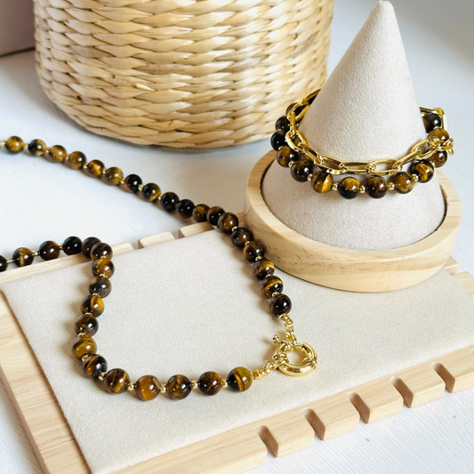 Tiger Eye Beads and Chain Bracelet